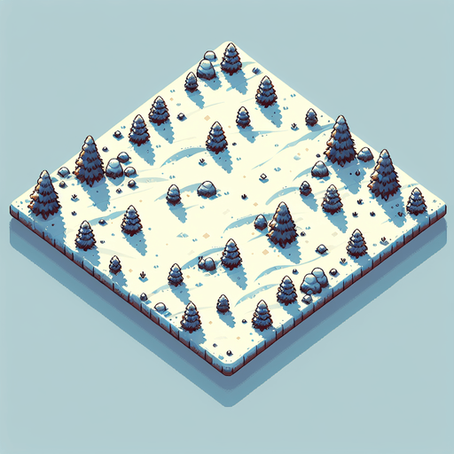 Top down snowy field with some scattered tries. Single Game Texture. In-Game asset. 2d. Blank background. High contrast. No shadows.