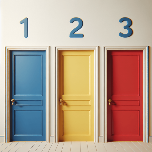 mavi(içinde 1 yazan), sarı(içinde 2 yazan) ve kırmızı(içinde 3 yazan) kapılar