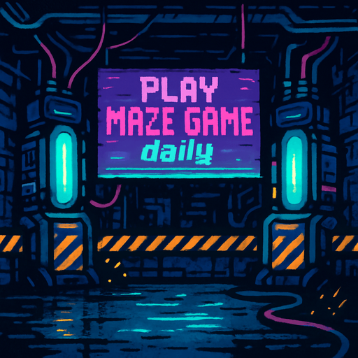 “Design an abandoned data vault with pulsing core reactors and neon warning stripes. A central holo-banner flashes ‘Play Maze Game daily’ in glitchy, stylized lettering. Add drifting sparks, cable conduits, and a damp metal floor reflecting ambient light—empty of characters and coins.”.
In-Game asset.  2d.  High contrast.  No shadows