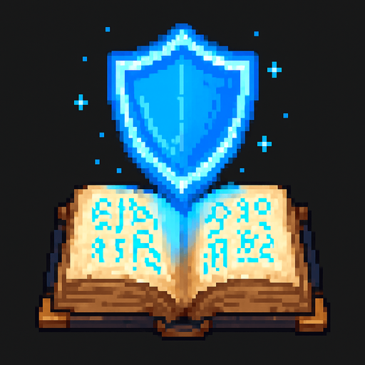 "2D pixel art of a glowing blue shield symbol emerging from an open magical spellbook. The spellbook has old, worn covers and glowing arcane runes on its pages. The shield symbol floats above the book, made of radiant blue magical energy, slightly transparent and softly glowing. It represents protection or a defensive spell. Style is classic 16-bit fantasy RPG pixel art. Transparent background.".
In-Game asset.  2d.  High contrast.  No shadows