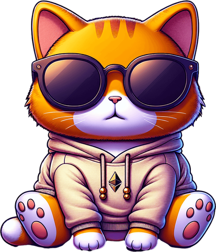 The character in the image evolves into an Ethereum blockchain developer, while maintaining its cartoon-style charm as an orange tabby cat with vivid stripes. Its round face, framed by a pair of oversized, round, dark opaque sunglasses, suggests a keen focus on the digital world. The cat's compact, chubby form, accentuated by its small body relative to its head, now symbolizes a blend of cuteness and intellectual curiosity. Clad in a simple, light-colored hoodie with a drawstring, the attire is subtly updated with Ethereum logos and blockchain-related motifs, hinting at its specialized coding expertise. In one paw, it might hold a miniature smart contract or a digital token, representing its involvement in Ethereum development. Positioned comfortably with its paws in front, the cat sits in a posture that combines relaxation with readiness, embodying the spirit of a developer poised to innovate within the Ethereum ecosystem. This adaptation retains the playful and whimsical essence of the original character, making it an ideal figure for stories or platforms that aim to introduce children to the complexities of blockchain technology in an accessible and engaging manner..
Single Game Texture. In-Game asset. 2d. Blank background. High contrast. No shadows.