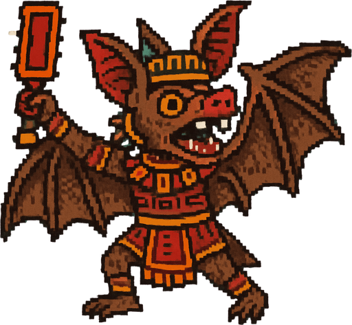 Generame un guerrero azteca con patrones, estilo pixelar, además será Murciélago frugívoro, unidad voladora con alas, con efectos de viento. Tiene que ser un animal..
In-Game asset.  2d.  High contrast.  No shadows
