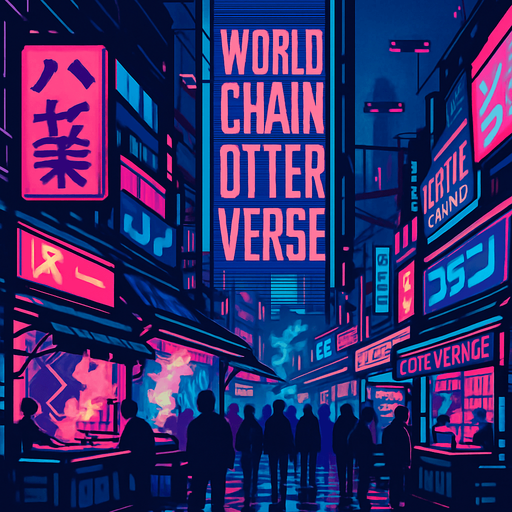 Generate a 4K cyberpunk street market scene at dusk: crowded neon stalls, glowing signage in kanji and Latin scripts, and slick pavement reflecting holographic ads. A towering LED banner proclaims ‘World Chain Otterverse’ in bold angular typography. Add drifting smoke from street food vendors, flickering drone traffic overhead, and a moody violet-cyan color palette—no characters or coins visible..
In-Game asset.  2d.  High contrast.  No shadows