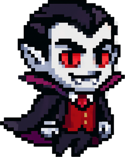 El vampiro debe ser un personaje pequeño y estilizado en estilo pixel art, con piel pálida o gris clara, ojos rojos o morados brillantes, colmillos visibles en una leve sonrisa y una capa negra o púrpura que se mueva ligeramente al caminar; debe llevar un traje elegante con chaleco rojo, camisa blanca y pantalones oscuros, y tener el clásico peinado de viuda con cabello negro bien marcado; su expresión puede ser confiada o misteriosa, y la animación puede incluir un leve flote o agitación de la capa; todo debe ser caricaturesco y simpático, sin parecer aterrador, con fondo transparente para integrarse en un juego casual o fantástico..
In-Game asset.  2d.  High contrast.  No shadows