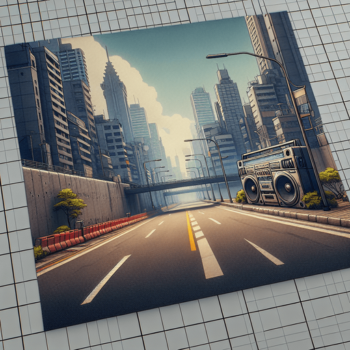 an urban street road near a boom box Single Game Texture. In-Game asset. 2d. Blank background. High contrast. No shadows.