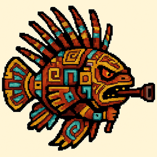 Genérame una Pez leon guerrero azteca con eso patrones, estilo pixelar, con una apariencia maligna, ojos rojos, rabioso. Unidad a distancia, con cerbatana. Animal.
In-Game asset.  2d.  High contrast.  No shadows