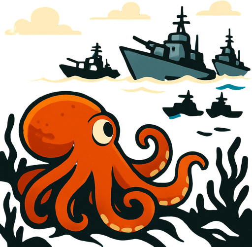 un pulpo naranja viendo que barcos de guerra vienen a atacar su hogar marino.
In-Game asset.  2d.  High contrast.  No shadows