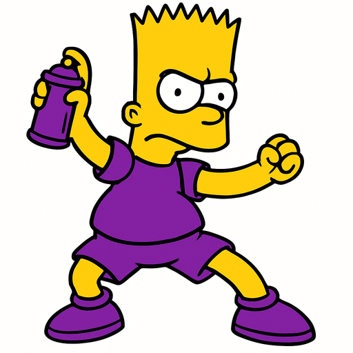 Bart holding a purple Spraycan while he is wearing purple shoes and shorts. Show all of his body in a fighting stance
In-Game asset.  2d.  High contrast.  No shadows