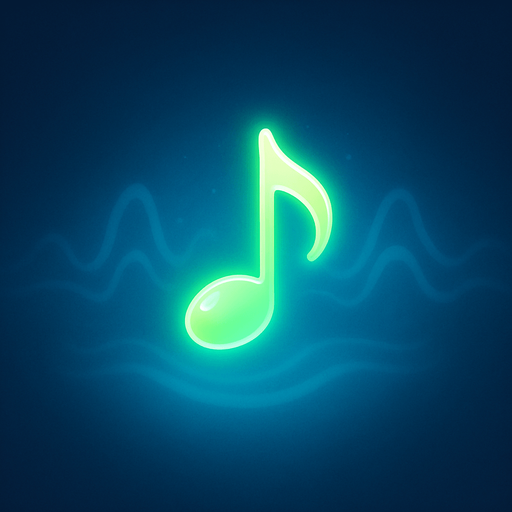 A single glowing green melody symbol in the center, surrounded by soft blue light, abstract sound waves gently radiating outward, dreamy and minimalistic background, magical atmosphere, high contrast lighting, perfect for a music-themed game, 4K, highly detailed.
In-Game asset.  2d.  High contrast.  No shadows
