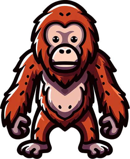 An orangutan in a cartoon image..
Single Game Texture. In-Game asset. 2d. Blank background. High contrast. No shadows.