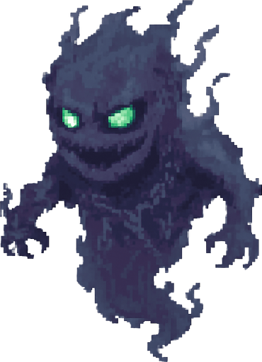 Create a pixel-art ghostly character based on the Turkish folklore concept of a "cin" (djinn). The character should have a semi-transparent, smoky body with ethereal, shifting edges. Its face should be menacing, with glowing green or blue eyes and a faint, wicked smile. Add small, broken chains or mystical symbols faintly visible on its body to suggest it was once sealed. It should be levitating, with ghost-like movement and a cursed aura. The color palette should include shades of dark blue, purple, and gray. 2D horror game style, PNG with transparent background, idle or float animation frame..
In-Game asset.  2d.  High contrast.  No shadows