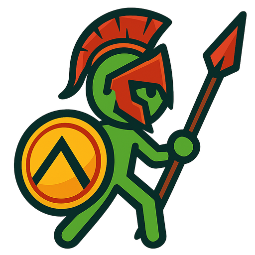 Green stickman with a Spartan helmet, Spartan shield and Spartan spear.
In-Game asset.  2d.  High contrast.  No shadows
