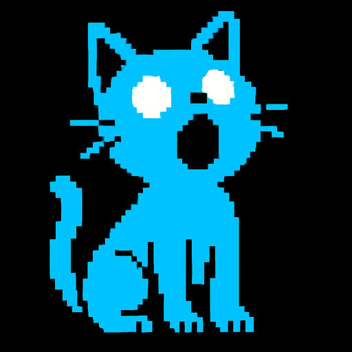 Haz un sprite de un gato azul sin pupilas con la boca abierta mirando arriba.
In-Game asset.  2d.  High contrast.  No shadows