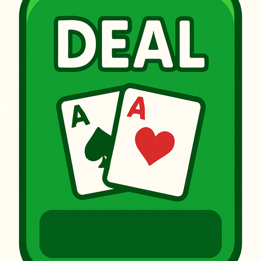A rectangular green button with 2:3 ratio. Rounded corners. The word ‘Deal’ at top with a couple of small playing cards underneath. Blank area at the bottom. 
In-Game asset.  2d.  High contrast.  No shadows