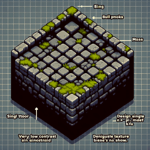 8 bit stone brick dungeon floor with a tiny amount of moss with tinny little bricks and very low contrast make it  darker to.
Single Game Texture. In-Game asset. 2d. Blank background.. No shadows.