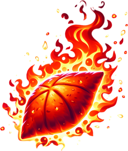Create a spicy red samosa with flames, symbolizing a speed boost. The samosa should have a glowing effect and fire particles around it..
Single Game Texture.  In-Game asset.  2d.  Blank background.  High contrast.  No shadows
