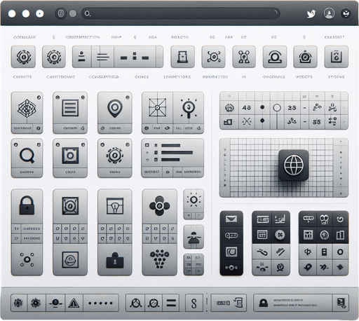 A clean and functional browser UI displaying an illegal hacking website. The page uses a light, minimalist theme with a subtle grey and white color palette to mimic a legitimate site. The main content area features a grid layout of discreetly labeled icons, each representing hacking tools, scripts, or encrypted data for sale, blending in as if it were a professional tech page.

In the top-left corner, a small visual cue, such as an encrypted symbol or a faintly styled link, hints at the site's true purpose without drawing too much attention. The interface is designed to look deceptively ordinary, with clean lines, clear fonts, and minimal decorative elements, giving the appearance of a legitimate web application while concealing its illicit nature.
Single Game Texture. In-Game asset. 2d. Blank background. High contrast. No shadows.