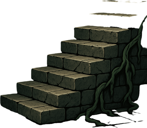 Mazmorra de ladrillos agrietados con lianas y escaleras que suben muy realista en 2D.
In-Game asset.  2d.  High contrast.  No shadows