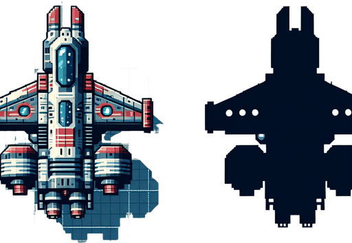 retro 2d spaceship, top view.
Single Game Texture.  In-Game asset.  2d.  transparent background.  High contrast.  No shadows