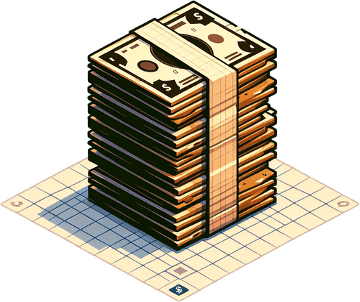 A stack of money.
Single Game Texture. In-Game asset. 2d. Blank background. High contrast. No shadows.
