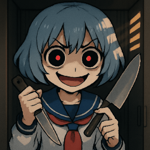 Stella, a 15-year-old anime girl with short, soft hair in a bluish-gray tone (HEX: #b0b9d8), and large black eyes with oversized irises (super kawaii style), glowing with intense yandere red. She wears a traditional Japanese school uniform (classic sailor fuku). She is inside a Japanese school locker, with soft light coming through the ventilation slits, casting dramatic shadows on her face. Her eyebrows are furrowed in extreme anger, but she has a wide, creepy smile, like someone completely insane. Dark under-eye circles highlight her unhinged expression. Her right hand holds a butcher knife slightly raised, while her left hand gently touches the blade with her index finger, mimicking a clock hand motion. Visual style: highly detailed Pixel Art.