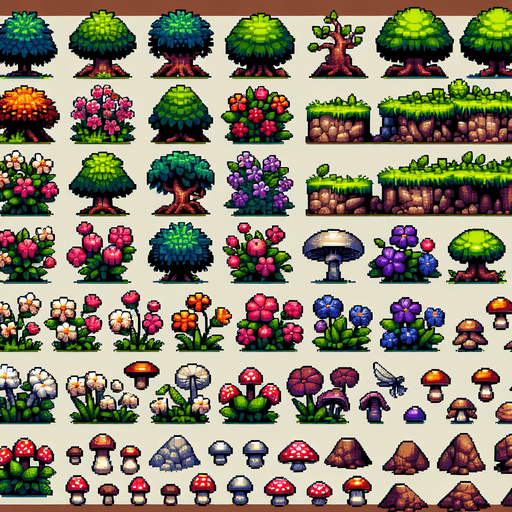 Create a sprite sheet featuring various forest landscape elements, including flowers, small hills, dug holes, mushrooms, trees, bushes, and rocks. Each element should be designed in a detailed pixel art style, reminiscent of classic 32-bit era video games. Ensure that the colors are vibrant and natural, with each element distinctly recognizable. The flowers should have a variety of colors and shapes, the hills should have gentle slopes, the holes should look freshly dug, the mushrooms should be varied in size and color, the trees should have detailed bark and lush canopies, the bushes should be dense with leaves, and the rocks should have texture and shading. Arrange the elements on a neutral background, with each item neatly aligned in rows and columns for easy identification and use in game development..
Single Game Texture. In-Game asset. 2d. Blank background. High contrast. No shadows.