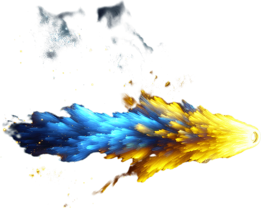 Game texture, Single Spaceship Engine exhaust light particle, yellow blue fire. Black background.