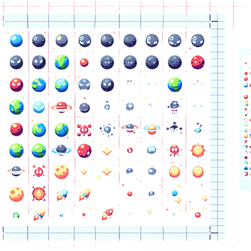 A spritesheet of various planets that are enemy characters or obstacles in a space game. laid out in a grid with blank space between them..
Single Game Texture. In-Game asset. 2d. Blank background. High contrast. No shadows.