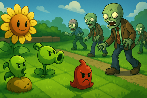 Fullscreen modern App Store landscape banner, 16:9, high definition, for a game titled "Plant Defense: Zombie Wave" and with the description "Strategic tower defense game where players place plants to stop zombie waves from crossing their garden lawn.". No text on banner!