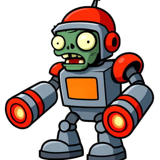 a plant vs zombies zombie whit a robot costume and a laser gun arms.
In-Game asset.  2d.  High contrast.  No shadows
