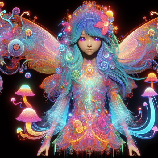 A whimsical fairy girl adorned in vibrant psychedelic colors, seamlessly blending with an array of fantastical mushrooms. Her ethereal form radiates a kaleidoscope of neon hues, creating a mesmerizing aura that dances with every movement. Mushrooms of various shapes and sizes adorn her attire and surroundings, adding an otherworldly charm to her enchanting presence.
Single Game Texture. In-Game asset. 2d. Blank background. High contrast. No shadows.