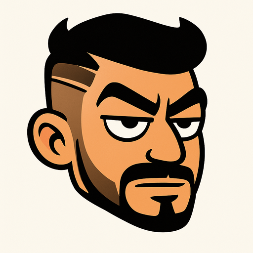 Cartoon-style head of a “keko” character inspired by Turkish street style. The sides of his hair are shaved short, the top is longer and voluminous. A sharp razor line is cut into the left side of his hair. He has a thin mustache and a neatly trimmed beard along the jawline. Thick eyebrows and half-closed, confident eyes give him a bold, slightly smug expression. Skin tone is tan or medium. His face has sharp, masculine features. The style is cartoonish, not photorealistic. Background is minimal to keep focus on the character’s head. The head is slightly tilted forward, as if ready to fly like in Flappy Bird. Overall vibe is playful but with a tough, urban edge..
In-Game asset.  2d.  High contrast.  No shadows