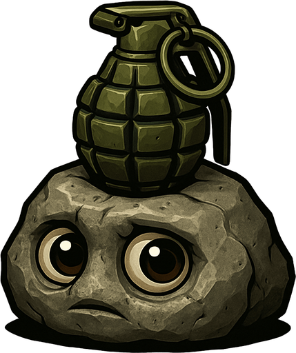 una piedra con ojos muy realista con una granada encima.
In-Game asset.  2d.  High contrast.  No shadows