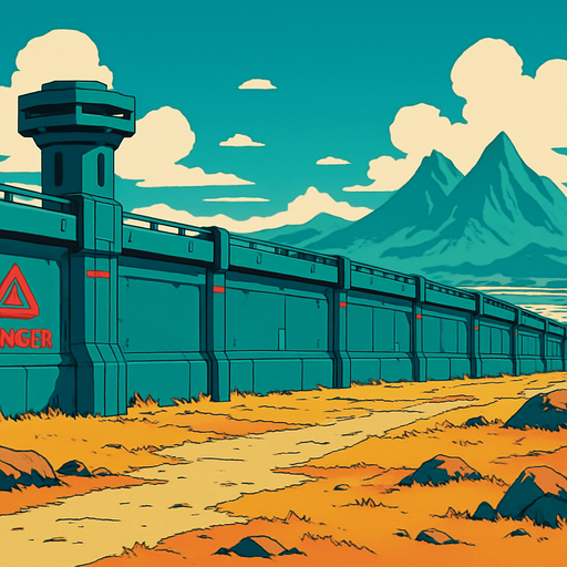 scifi future horizontal military wall of border land. mountain and landscape far distance. anime style.
In-Game asset.  2d.  High contrast.  No shadows