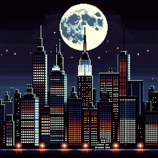 8 bit image city of newyork with black sky night.
Single Game Texture.  In-Game asset.  2d.  Blank background.  High contrast.  No shadows