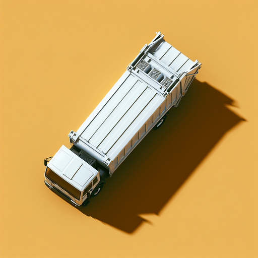 Zenith view of a white rectangular Harvester shape of a garbage truck with a triangular head.
Zenith view. Directly overhead. Plumb view.