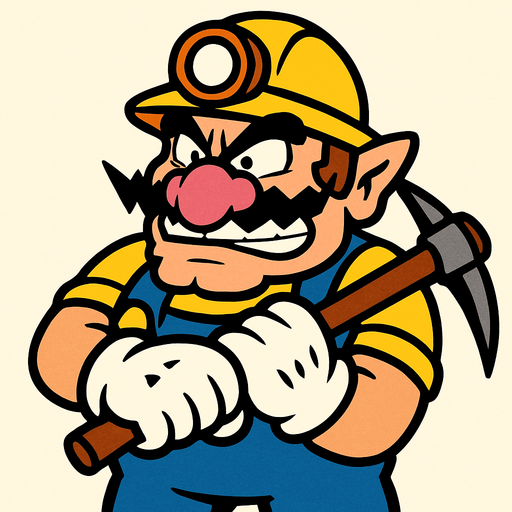 Super Mario'daki Wario karakteri ama madenci kılığında.
In-Game asset.  2d.  High contrast.  No shadows