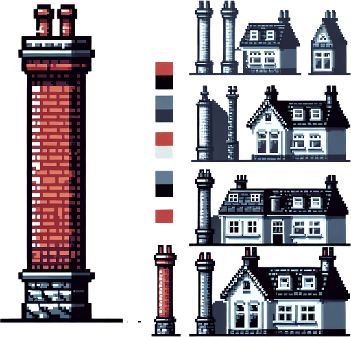 chimney. pixelart. residential chimney. only chimney. Single Game Texture. In-Game asset. 2d. Blank background. High contrast. No shadows.