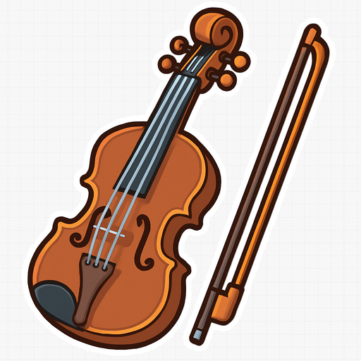 A colorful, cartoon-style 2D illustration of a classical violin with a bow beside it. The body should be rich brown with visible strings, pegs, and f-holes. Designed with soft shadows and rounded edges for use in a kids’ music game. Export as a transparent rounded background PNG..
In-Game asset.  2d.  High contrast.  No shadows