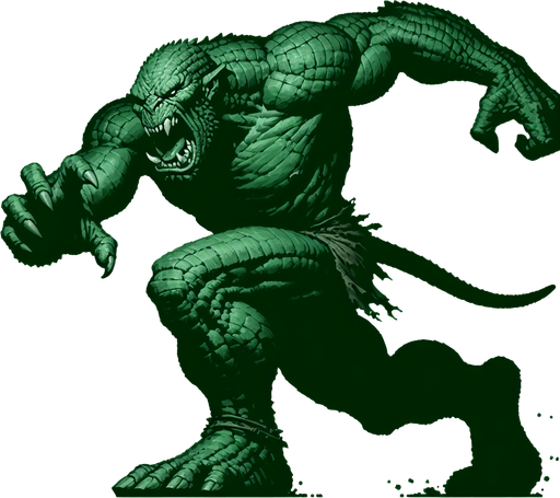 angry running green orc reptile taunting scarry.
Single Game Texture.  In-Game asset.  2d.  Blank background.  High contrast.  No shadows