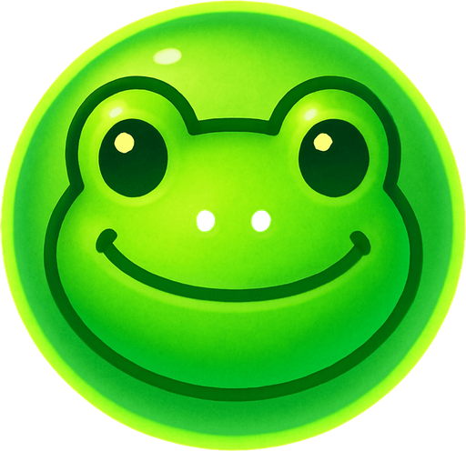 A green bubble with a cartoon frog face, glowing softly, top-down view, mobile puzzle game sprite.
In-Game asset.  2d.  High contrast.  No shadows
