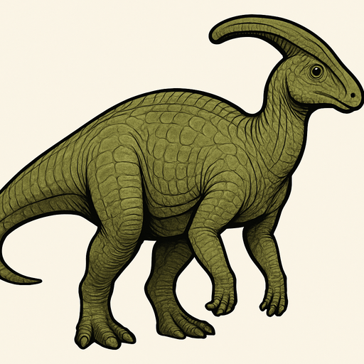 A large Parasaurolophus dinosaur with smooth, greenish-brown scaly skin. It has a long, curved cranial crest extending from the back of its head. The body is bulky with thick legs and a long tail. The skin shows detailed scales with subtle shading and wrinkles. The head has gentle eyes and a broad snout..
In-Game asset.  2d.  High contrast.  No shadows