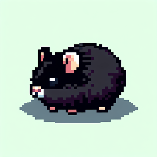 black hamster from pixels.
Single Game Texture. In-Game asset. 2d. Blank background. High contrast. No shadows.