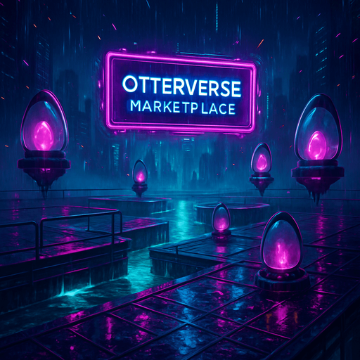 Generate a high-resolution digital scene of a rain-soaked cyberpunk arena for a mobile game. The environment features slick neon-lit platforms suspended over glowing canals, holographic billboards prominently displaying ‘Otterverse Marketplace,’ and floating egg pods encased in translucent glass. Puddles on the metal grating reflect pulsating magenta and cyan lights, while distant skyscrapers tower through misty rain. Add animated sparks, drifting data streams in the sky, and a moody, atmospheric vibe—perfect for a 4K game backdrop without any character or currency visuals..
In-Game asset.  2d.  High contrast.  No shadows