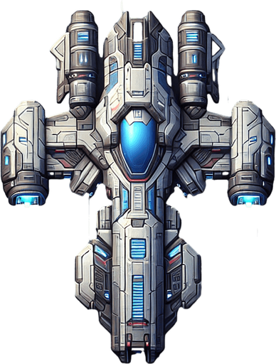 A 2D top-down view of a futuristic player spaceship with a streamlined silver and blue body, glowing thrusters, and dual laser cannons. The design is sleek and modern for a space shooter game.
Single Game Texture.  2d.  Blank background.  High contrast.  No shadows