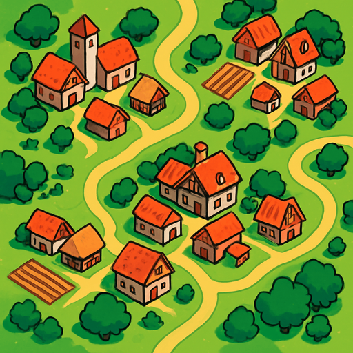 Aldeas, ocupar toda la imagen, visto desde arriba.
In-Game asset.  2d.  High contrast.  No shadows