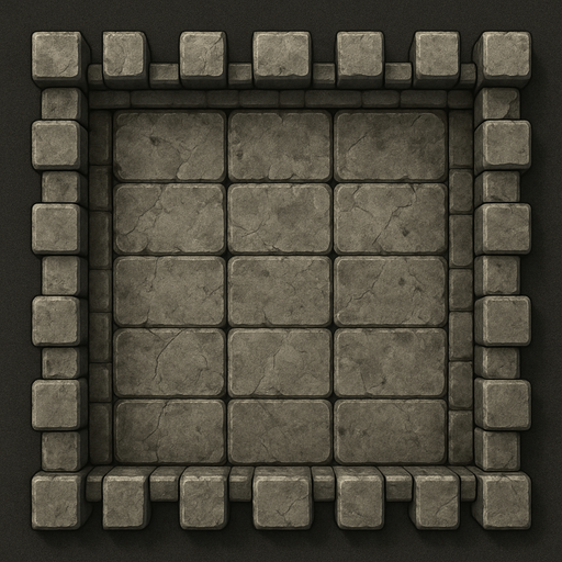 A rectangular stone castle battlement, seen from directly above. In between the walls is a weathered looking 3x5 grid. Rectangle. Not square. Realistic graphics..
In-Game asset.  2d.  High contrast.  No shadows