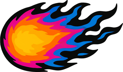 pink blue black and orange mixed horizontal fire ball.
In-Game asset.  2d.  High contrast.  No shadows