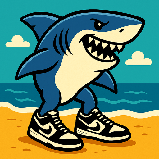 shark with nikes on the beach.
In-Game asset.  2d.  High contrast.  No shadows