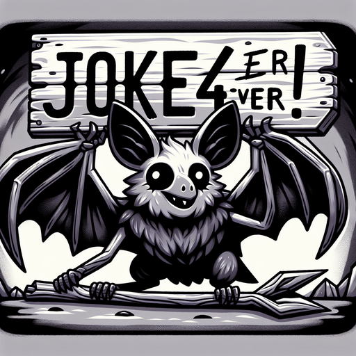 A bat holding a sign that says Jokes 4 Ever!.
Single Game Texture.  In-Game asset.  2d.  Blank background.  High contrast.  No shadows
